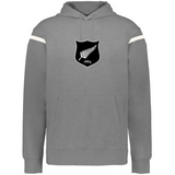 The WRS Augusta New Zealand Heritage Prep Vintage Shield Hoodie features gray fabric, white upper-arm stripes, and a black shield crest with a white fern and "1884"—ideal for fans of classic New Zealand rugby style.