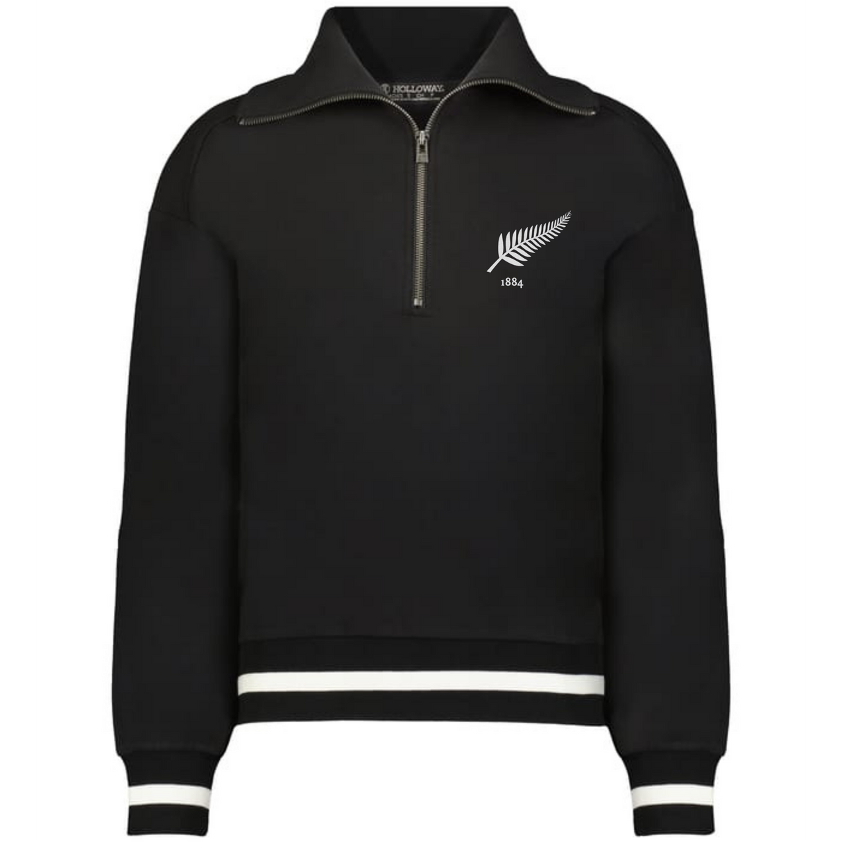 The EMB Augusta Women's Vintage New Zealand Heritage Prep Pullover is a black quarter-zip with white stripes on the cuffs and hem, featuring a white fern and "1884" on the left chest.