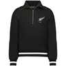 The EMB Augusta Women's Vintage New Zealand Heritage Prep Pullover is a black quarter-zip with white stripes on the cuffs and hem, featuring a white fern and "1884" on the left chest.
