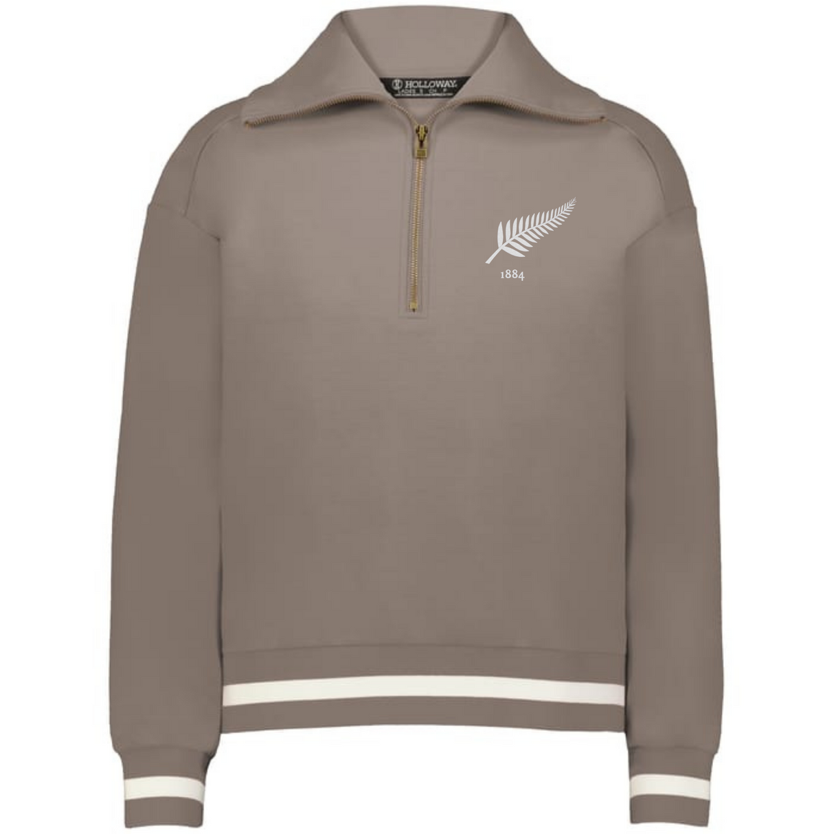 The EMB Augusta Women's Vintage New Zealand Heritage Prep Pullover features a light brown color, white fern graphic with "1884" on the left chest, and classic white stripes on the cuffs and hem for a timeless look.