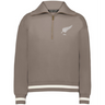 The EMB Augusta Women's Vintage New Zealand Heritage Prep Pullover features a light brown color, white fern graphic with "1884" on the left chest, and classic white stripes on the cuffs and hem for a timeless look.