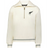 The EMB Augusta Women's Vintage New Zealand Heritage Prep Pullover is cream-colored with gray striped cuffs and hem, featuring a black fern leaf and "1841" on the left chest—blending classic style and timeless details.
