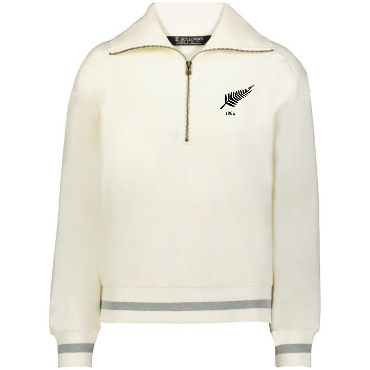 The EMB Augusta Women's Vintage New Zealand Heritage Prep Pullover is cream-colored with gray striped cuffs and hem, featuring a black fern leaf and "1841" on the left chest—blending classic style and timeless details.
