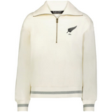 The EMB Augusta Women's Vintage New Zealand Heritage Prep Pullover is cream-colored with gray striped cuffs and hem, featuring a black fern leaf and "1841" on the left chest—blending classic style and timeless details.