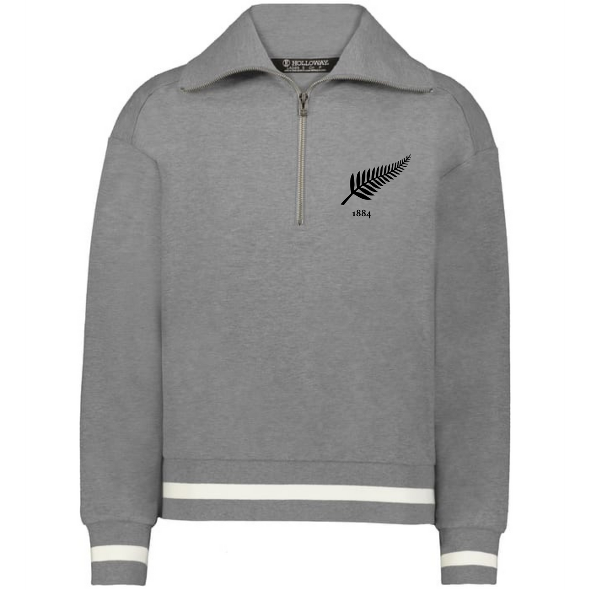 The EMB Augusta Women's Vintage New Zealand Heritage Prep Pullover features a gray quarter-zip design with white stripe accents, a black fern logo with "1884" on the left chest—capturing an iconic heritage style.