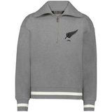 The EMB Augusta Women's Vintage New Zealand Heritage Prep Pullover features a gray quarter-zip design with white stripe accents, a black fern logo with "1884" on the left chest—capturing an iconic heritage style.
