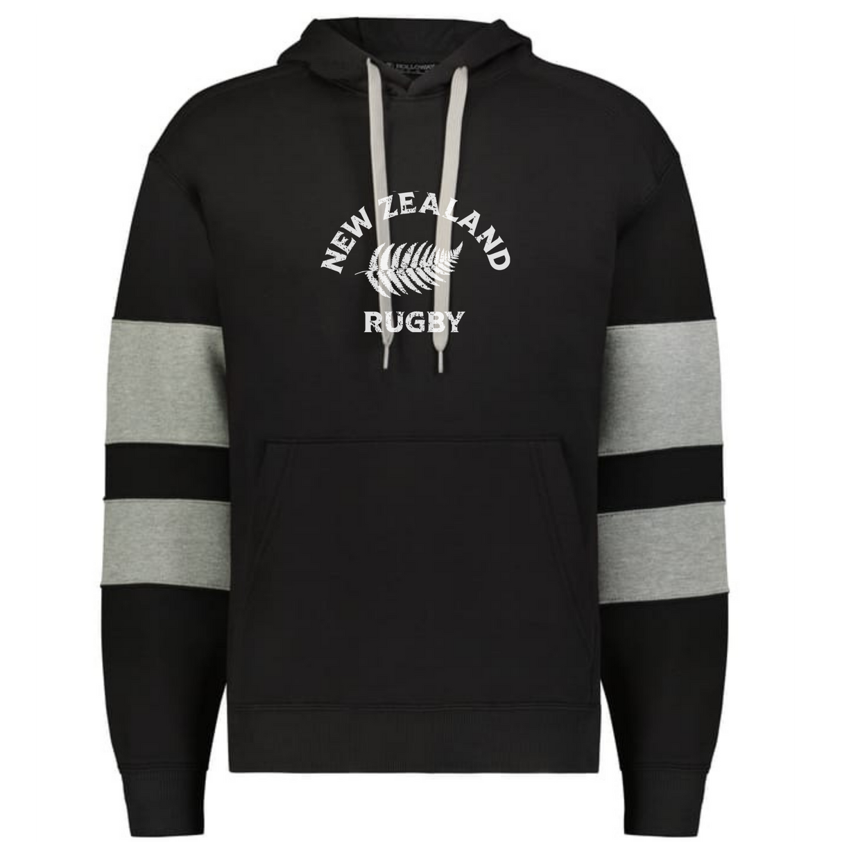 The WRS Augusta Nations of Rugby New Zealand Jackson Way Hoodie features light gray drawstrings and sleeve stripes, plus a white fern and "NEW ZEALAND RUGBY" print—a must-have for rugby fans.