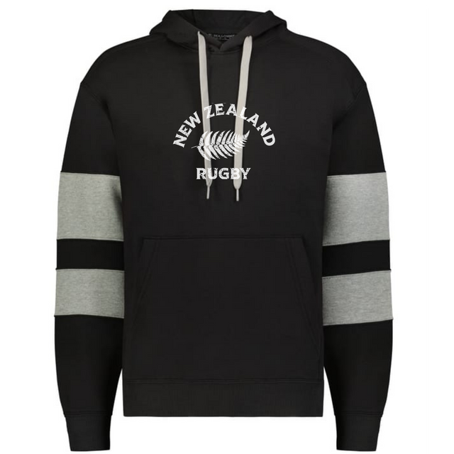 The WRS Augusta Nations of Rugby New Zealand Jackson Way Hoodie features light gray drawstrings and sleeve stripes, plus a white fern and "NEW ZEALAND RUGBY" print—a must-have for rugby fans.
