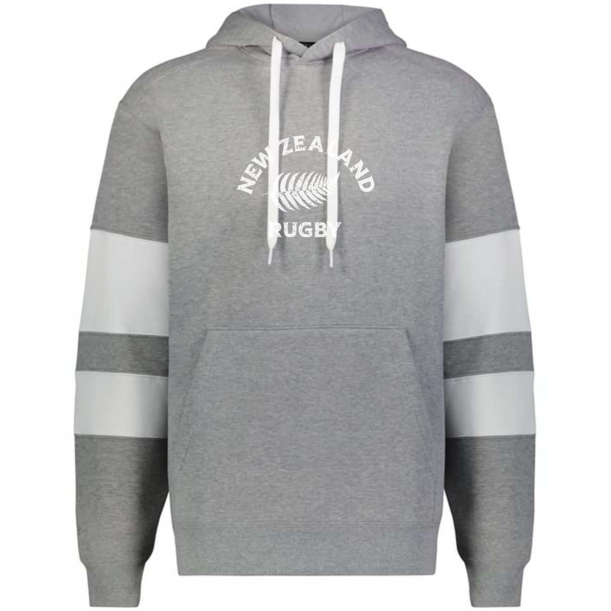 The WRS Augusta Nations of Rugby New Zealand Jackson Way Hoodie features a gray design with white drawstrings, white sleeve stripes, and "New Zealand Rugby" plus a fern logo printed on the chest.