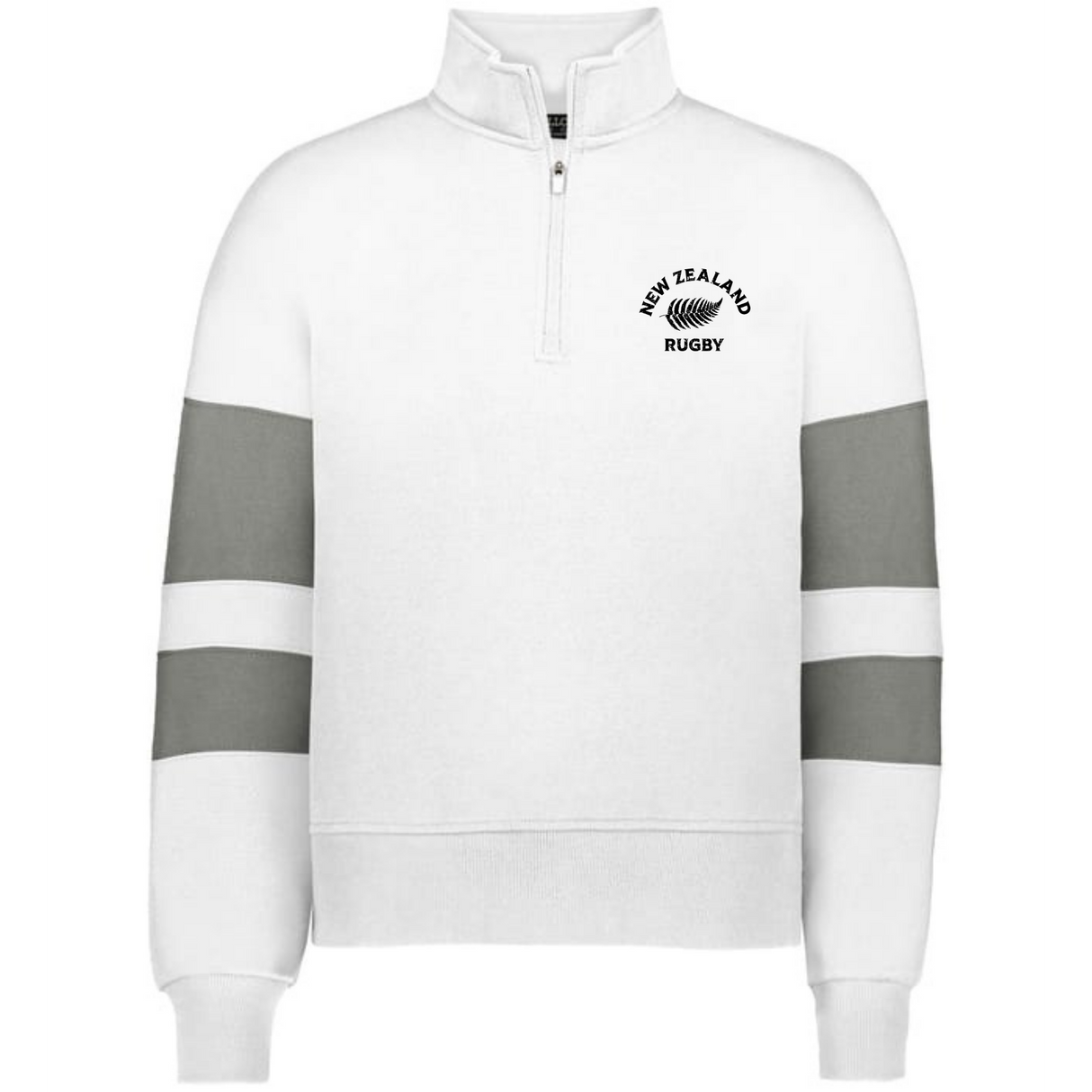 The EMB Augusta Women's Nations of Rugby New Zealand Jackson Way Pullover is a white fleece quarter-zip with two gray sleeve stripes and a "New Zealand Rugby" fern logo on the upper left chest.