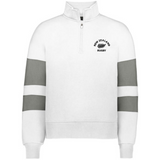 The EMB Augusta Women's Nations of Rugby New Zealand Jackson Way Pullover is a white fleece quarter-zip with two gray sleeve stripes and a "New Zealand Rugby" fern logo on the upper left chest.