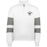 The EMB Augusta Women's Nations of Rugby New Zealand Jackson Way Pullover is a white fleece quarter-zip with two gray sleeve stripes and a "New Zealand Rugby" fern logo on the upper left chest.