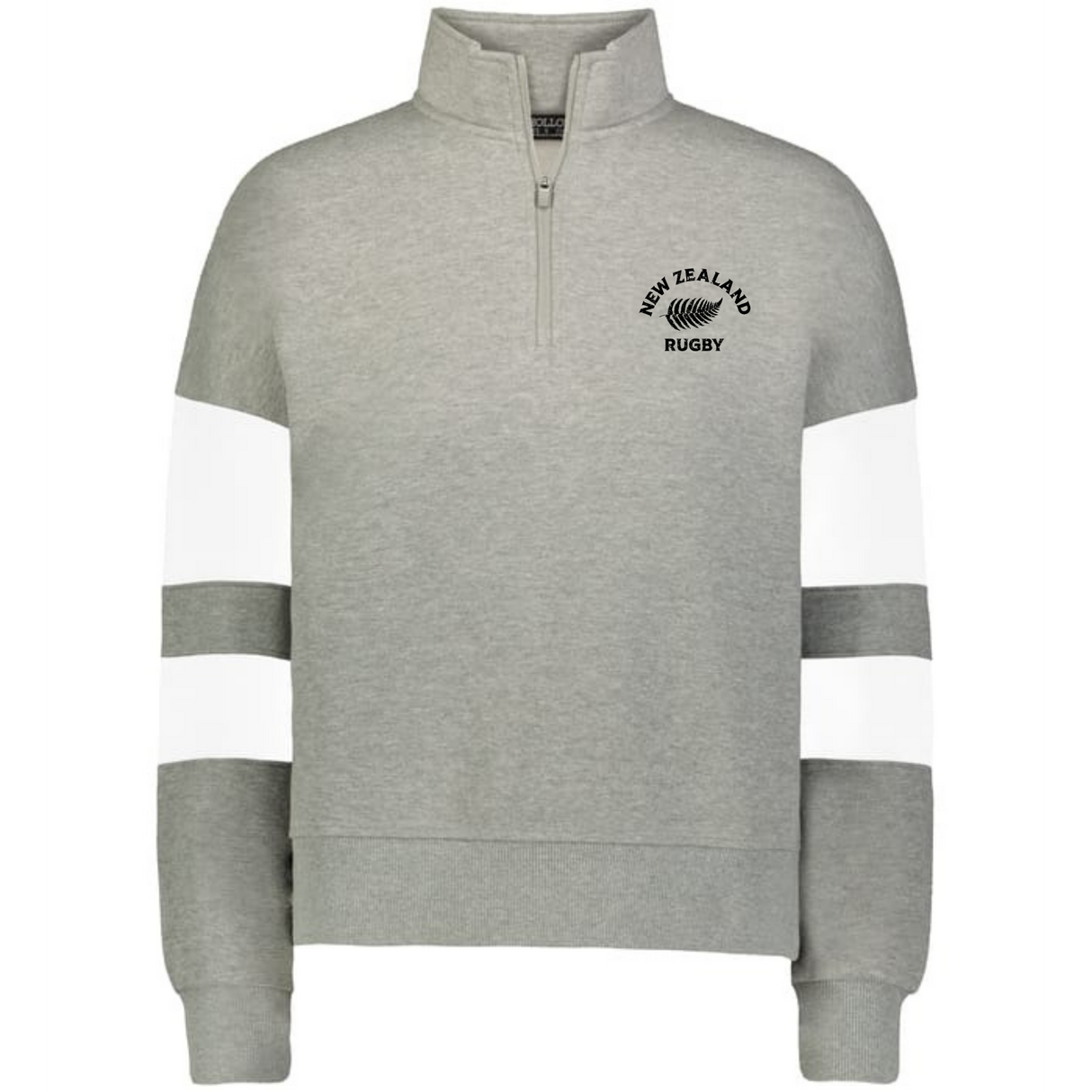 The EMB Augusta Women's Nations of Rugby New Zealand Jackson Way Pullover is a grey cropped quarter-zip fleece featuring white sleeve stripes and a black fern "New Zealand Rugby" logo on the left chest for sporty comfort.