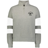 The EMB Augusta Women's Nations of Rugby New Zealand Jackson Way Pullover is a grey cropped quarter-zip fleece featuring white sleeve stripes and a black fern "New Zealand Rugby" logo on the left chest for sporty comfort.