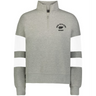 The EMB Augusta Women's Nations of Rugby New Zealand Jackson Way Pullover is a grey cropped quarter-zip fleece featuring white sleeve stripes and a black fern "New Zealand Rugby" logo on the left chest for sporty comfort.