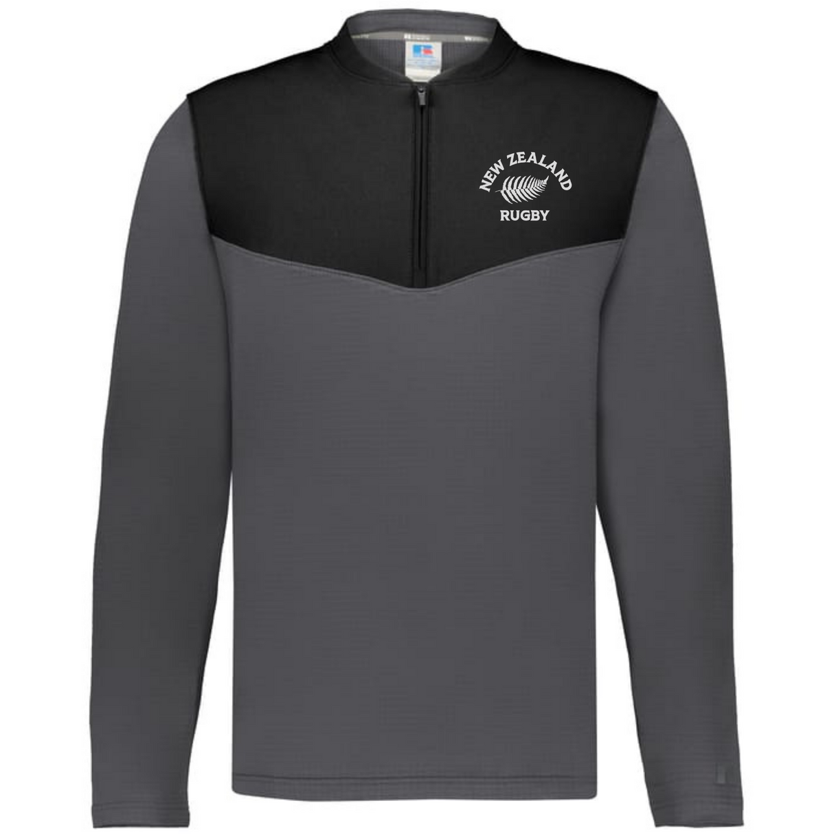 The EMB Augusta Nations of Rugby New Zealand Sideline Grid 1/4 Zip Pullover is a gray and black long-sleeve featuring "New Zealand Rugby" text and a rugby ball graphic on the left chest.