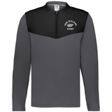 The EMB Augusta Nations of Rugby New Zealand Sideline Grid 1/4 Zip Pullover is a gray and black long-sleeve featuring "New Zealand Rugby" text and a rugby ball graphic on the left chest.
