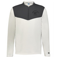 The EMB Augusta Nations of Rugby New Zealand Sideline Grid 1/4 Zip Pullover features long sleeves, a dark grey upper, white lower body and sleeves, plus "New Zealand Rugby" and fern logo on the chest for classic rugby style.