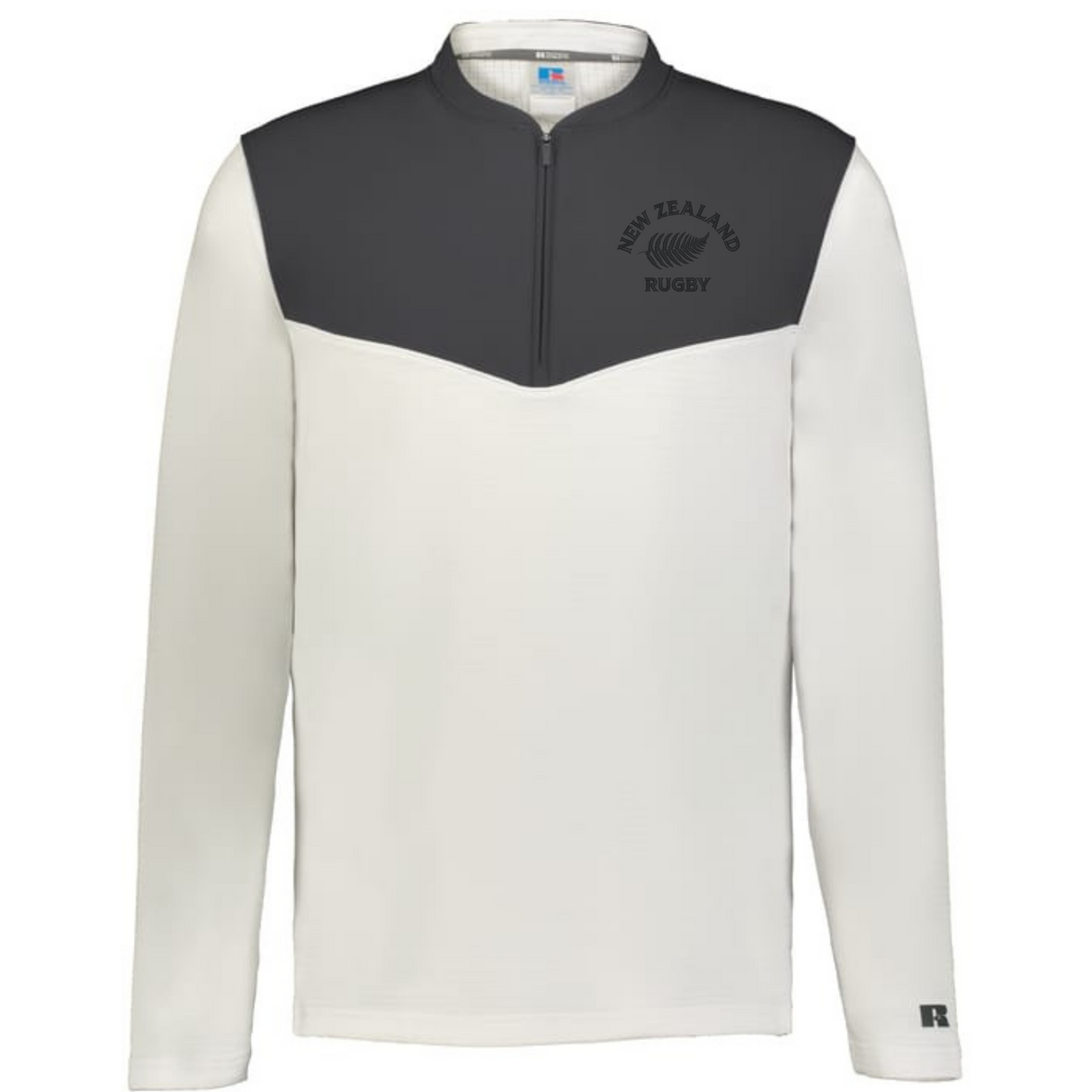 The EMB Augusta Nations of Rugby New Zealand Sideline Grid 1/4 Zip Pullover features long sleeves, a dark grey upper, white lower body and sleeves, plus "New Zealand Rugby" and fern logo on the chest for classic rugby style.
