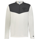 The EMB Augusta Nations of Rugby New Zealand Sideline Grid 1/4 Zip Pullover features long sleeves, a dark grey upper, white lower body and sleeves, plus "New Zealand Rugby" and fern logo on the chest for classic rugby style.