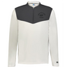 The EMB Augusta Nations of Rugby New Zealand Sideline Grid 1/4 Zip Pullover features long sleeves, a dark grey upper, white lower body and sleeves, plus "New Zealand Rugby" and fern logo on the chest for classic rugby style.