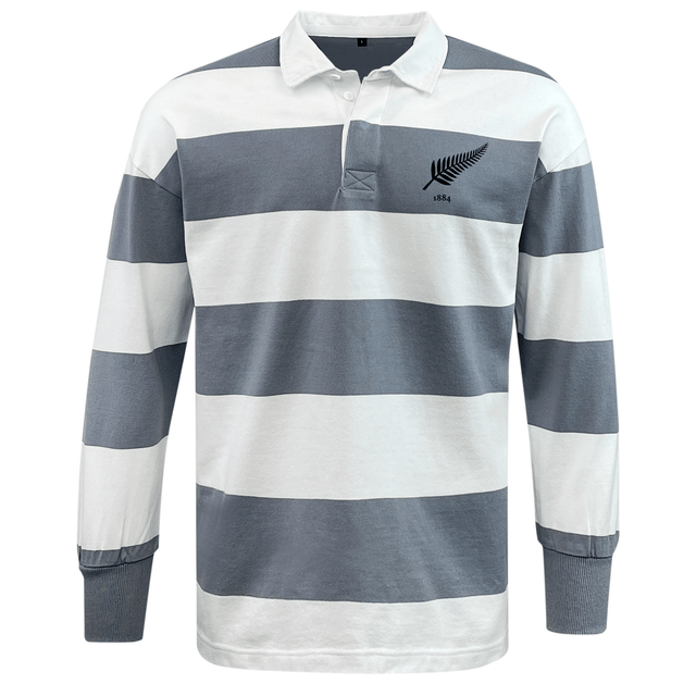 Men's EMB Mudoo Nations of Rugby New Zealand Vintage Hooped Classic Jersey with a collar.