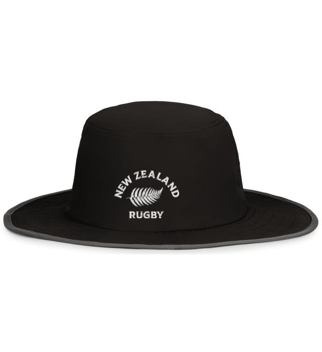 A black Nations of Rugby New Zealand Rugby Legend Boonie Cap with the EMB Augusta logo on it made from moisture wicking fabric.