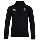 The New Zealand Club Shield 1/4 Zip Training Top by EMB Canterbury is a black, modern-fit long-sleeve pullover with a half-zip design. It features the Canterbury logo on the left chest and a stylized flag emblem on the right, crafted from durable fleece for optimal comfort.