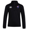The New Zealand Club Shield 1/4 Zip Training Top by EMB Canterbury is a black, modern-fit long-sleeve pullover with a half-zip design. It features the Canterbury logo on the left chest and a stylized flag emblem on the right, crafted from durable fleece for optimal comfort.