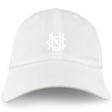 The EMB S&S Activewear UNC Rugby Adult Low-Profile Cotton Twill Dad Cap is a white cotton twill hat with a white embroidered stylized overlapping letter logo on the front.