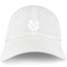 The EMB S&S Activewear UNC Rugby Adult Low-Profile Cotton Twill Dad Cap is a white cotton twill hat with a white embroidered stylized overlapping letter logo on the front.