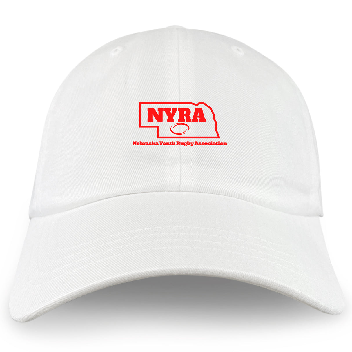 The EMB S&S Activewear Nebraska Youth Rugby Association Adult Low-Profile Cotton Twill Dad Cap features a white cotton twill design with a red Nebraska outline, "NYRA" text, and "Nebraska Youth Rugby Association" embroidered on the front.