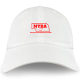 The EMB S&S Activewear Nebraska Youth Rugby Association Adult Low-Profile Cotton Twill Dad Cap features a white cotton twill design with a red Nebraska outline, "NYRA" text, and "Nebraska Youth Rugby Association" embroidered on the front.