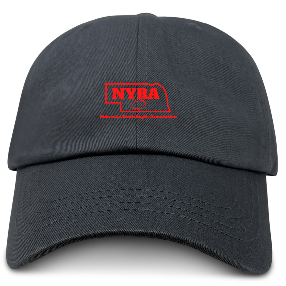 The Nebraska Youth Rugby Association Adult Low-Profile Cotton Twill Dad Cap by EMB S&S Activewear features black cotton twill and a red "NYRA" logo with "Nebraska Youth Rugby Association" embroidered on the front.