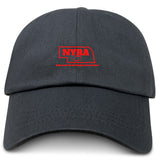 The Nebraska Youth Rugby Association Adult Low-Profile Cotton Twill Dad Cap by EMB S&S Activewear features black cotton twill and a red "NYRA" logo with "Nebraska Youth Rugby Association" embroidered on the front.