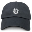 The UNC Rugby Adult Low-Profile Cotton Twill Dad Cap by EMB S&S Activewear is a black dad cap with a white, stylized overlapping letter logo and embroidered team branding on the front.