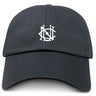 The UNC Rugby Adult Low-Profile Cotton Twill Dad Cap by EMB S&S Activewear is a black dad cap with a white, stylized overlapping letter logo and embroidered team branding on the front.
