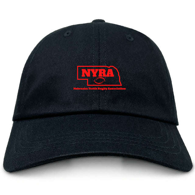 The EMB S&S Activewear Nebraska Youth Rugby Association Adult Low-Profile Cotton Twill Dad Cap features red embroidered text, a Nebraska outline, and rugby ball graphic—your perfect team cap.