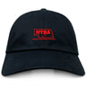 The EMB S&S Activewear Nebraska Youth Rugby Association Adult Low-Profile Cotton Twill Dad Cap features red embroidered text, a Nebraska outline, and rugby ball graphic—your perfect team cap.