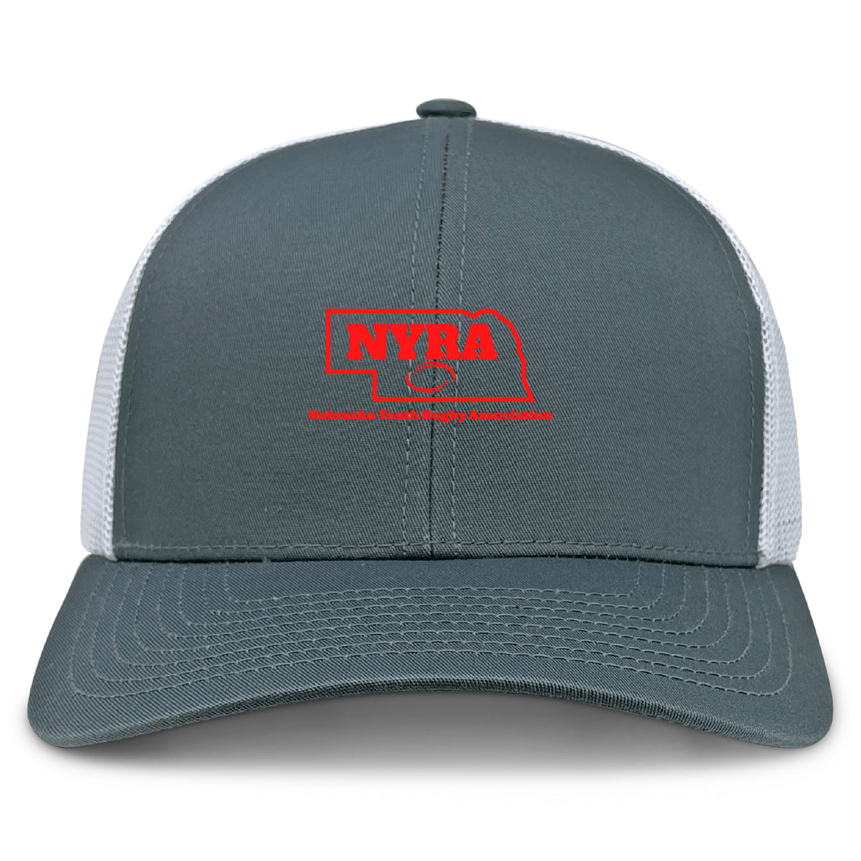 The EMB S&S Activewear Nebraska Youth Rugby Association Retro Trucker Cap features a gray and white design, red embroidered NYRA logo with Nebraska outline on the front, and an adjustable snapback closure.