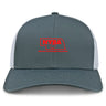 The EMB S&S Activewear Nebraska Youth Rugby Association Retro Trucker Cap features a gray and white design, red embroidered NYRA logo with Nebraska outline on the front, and an adjustable snapback closure.