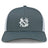The EMB S&S Activewear UNC Rugby Retro Trucker Cap features a gray and white design with mesh back, abstract embroidery on the front, and a snapback closure for adjustable fit.