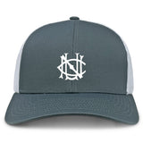 The EMB S&S Activewear UNC Rugby Retro Trucker Cap features a gray and white design with mesh back, abstract embroidery on the front, and a snapback closure for adjustable fit.