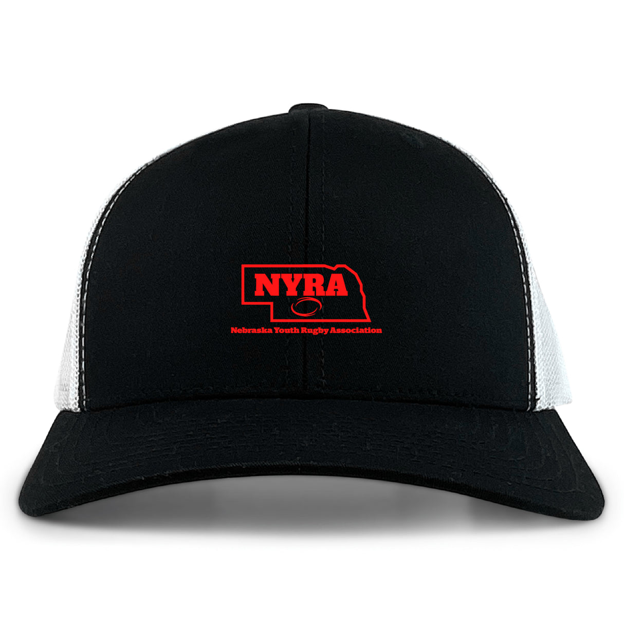 The EMB S&S Activewear Nebraska Youth Rugby Association Retro Trucker Cap features black and white mesh, a red embroidered "NYRA" logo with association text on the front, and an adjustable snapback closure.