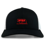 The EMB S&S Activewear Nebraska Youth Rugby Association Retro Trucker Cap features black and white mesh, a red embroidered "NYRA" logo with association text on the front, and an adjustable snapback closure.