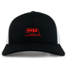 The EMB S&S Activewear Nebraska Youth Rugby Association Retro Trucker Cap features black and white mesh, a red embroidered "NYRA" logo with association text on the front, and an adjustable snapback closure.