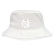 The UNC Rugby Crusher Bucket Cap by EMB S&S Activewear is a white cotton hat featuring an embroidered monogram-style logo on the front center, combining stylish sun protection with casual flair.