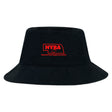 The Nebraska Youth Rugby Association Crusher Bucket Cap by EMB S&S Activewear is a black cotton twill hat with a red NYRA logo on the front, combining style and sun protection.