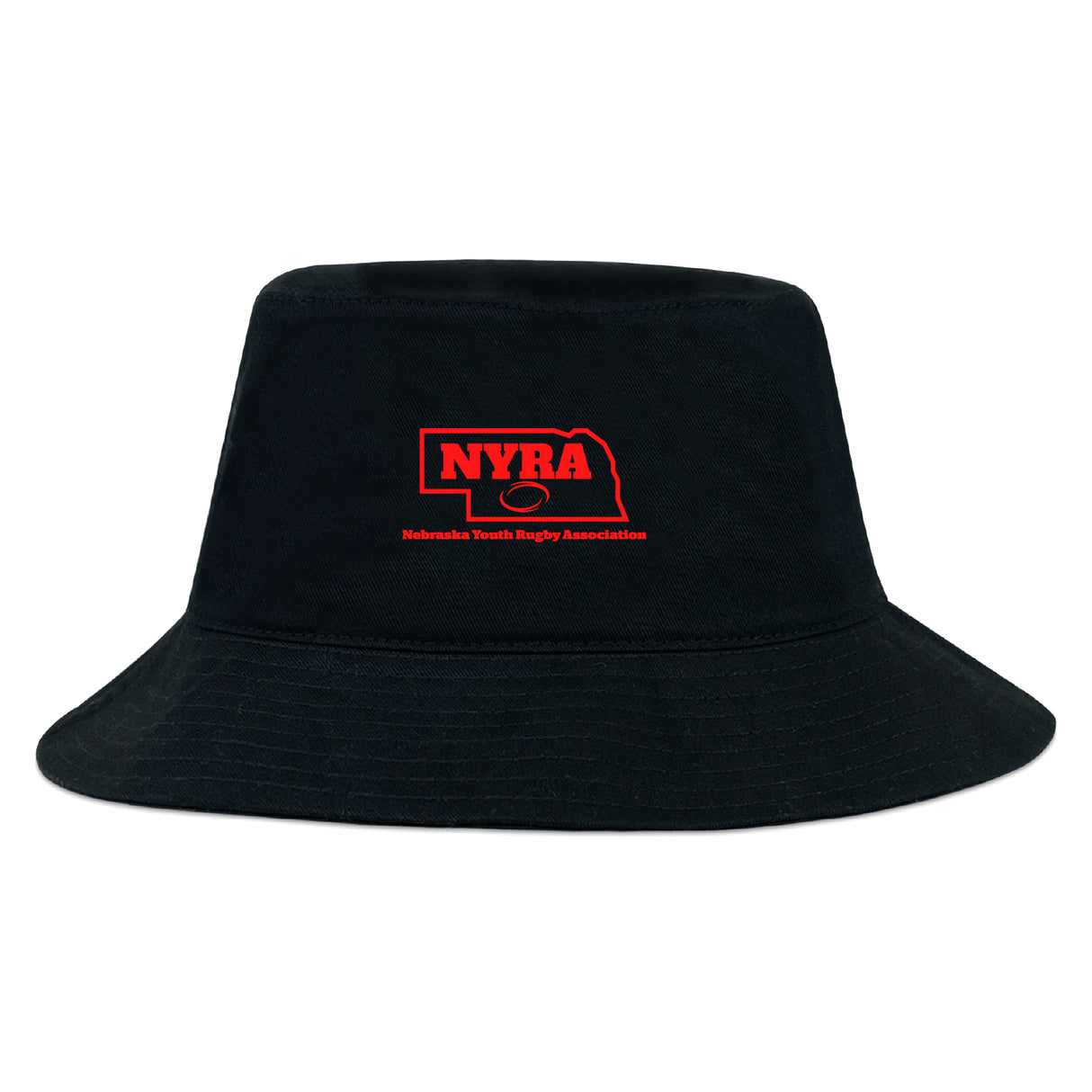 The Nebraska Youth Rugby Association Crusher Bucket Cap by EMB S&S Activewear is a black cotton twill hat with a red NYRA logo on the front, combining style and sun protection.