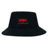 The Nebraska Youth Rugby Association Crusher Bucket Cap by EMB S&S Activewear is a black cotton twill hat with a red NYRA logo on the front, combining style and sun protection.